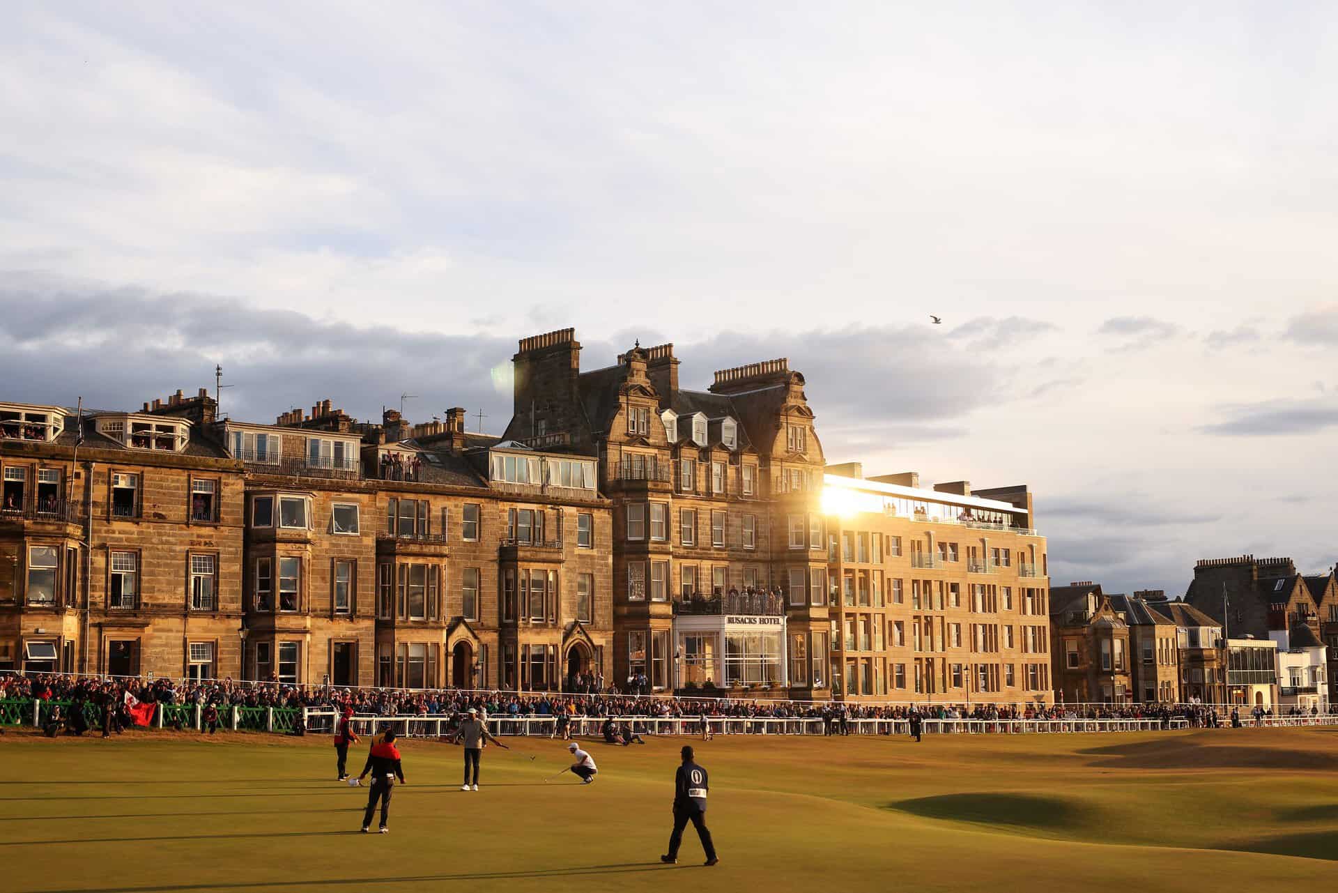 Tony Finau of the United States celebrates on the 18th green during Day Two of The 150th Open at St Andrews Old Course on July 15, 2022 in St Andrews, Scotland | Soure: Charlie Crowhurst/R&A/R&A via Getty Images) Rusacks Hotel