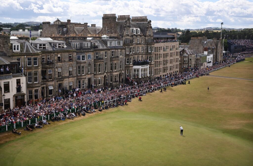 Tiger Woods putts on the 18th hole during Day two of The 150th Open at St Andrews on July 15, 2022 | Source: Charlie Crowhurst/R&A/R&A via Getty Images
Rusacks Hotel