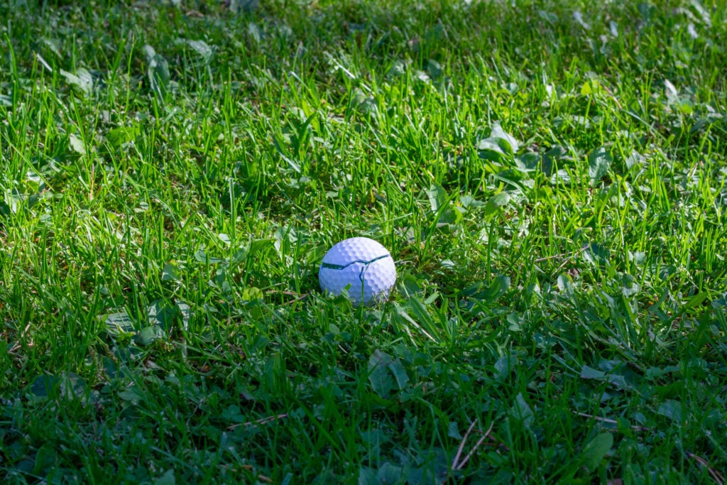 A cracked golf ball lies in the grass | Source: Adobe Stock