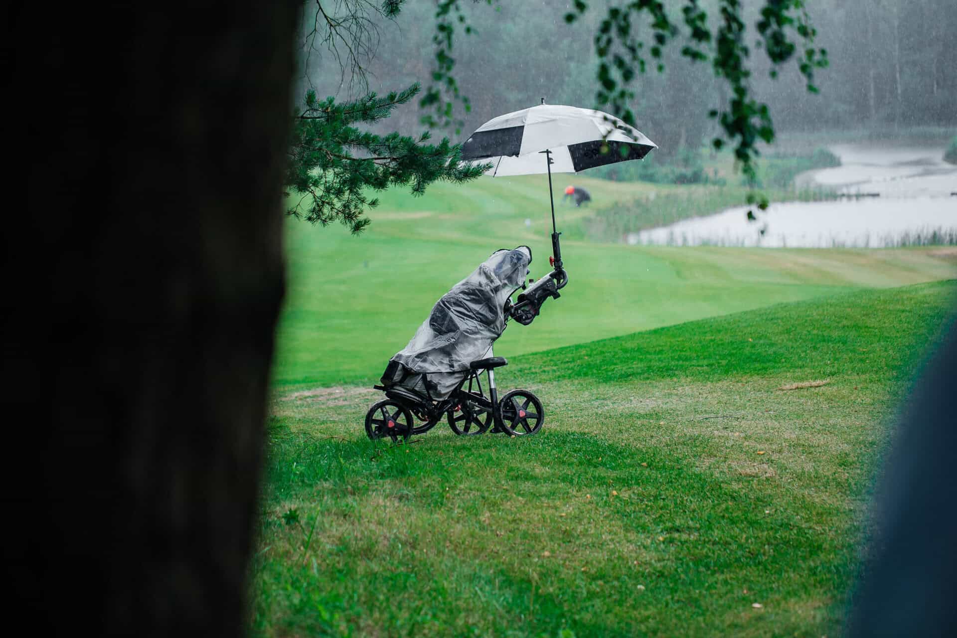 A golf bag out in the wind and rain | Source: Adobe Stock