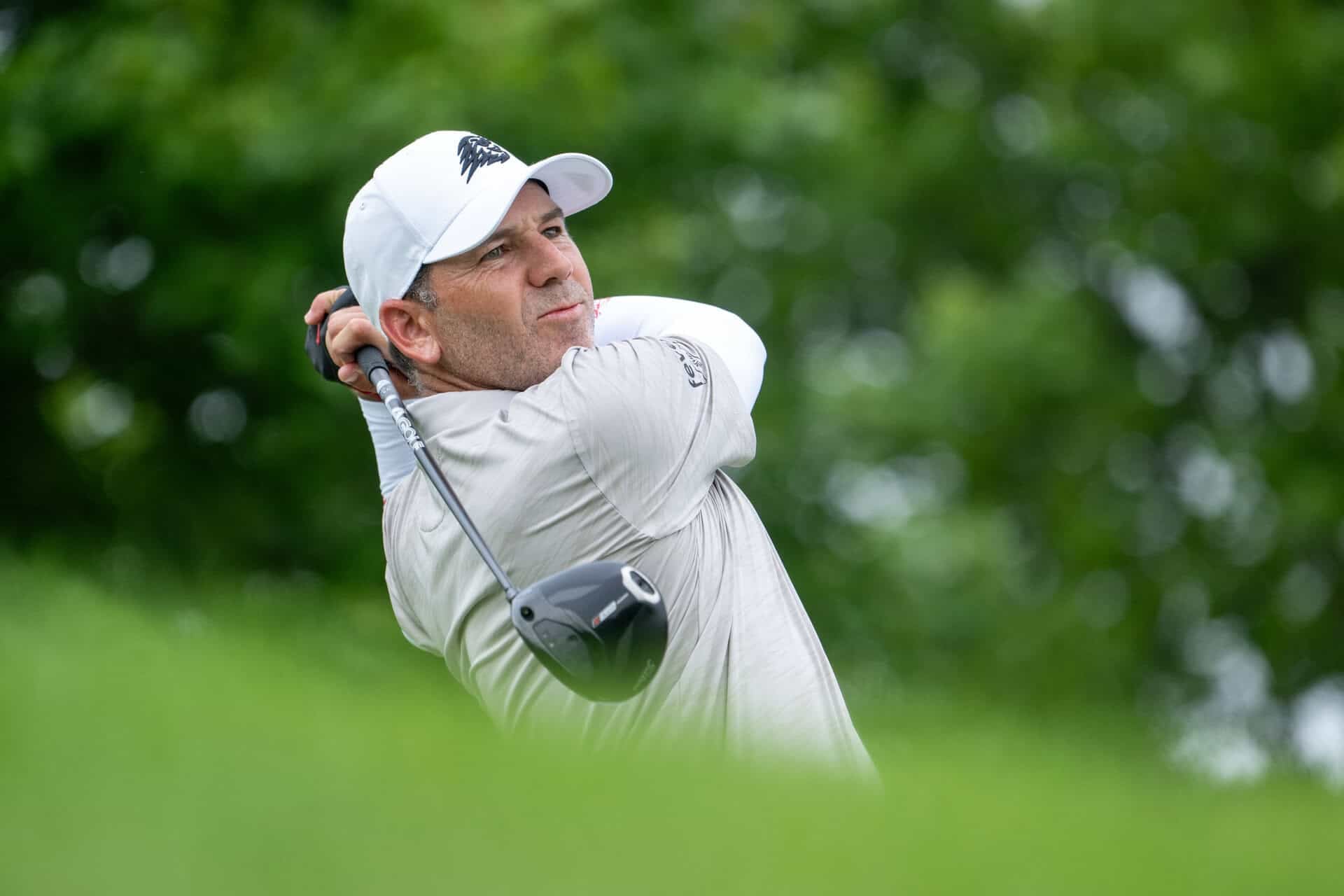 Captain Sergio Garcia of Fireballs GC hits his shot from the 11th tee during the third round of LIV Golf Bedminster at Trump National Golf Club on Saturday, August 08, 2026 in Bedminster, New Jersey. (Photo by Charles Laberge/LIV Golf)