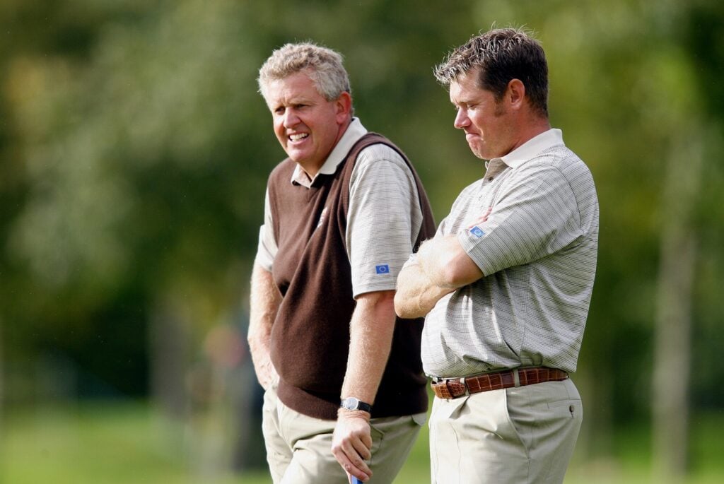 Colin Montgomerie and Lee Westwood of Europe on day one of the Ryder Cup Matches at The K Club in 2006 in Ireland | Source: Richard Sellers/Sportsphoto/Allstar via Getty Images