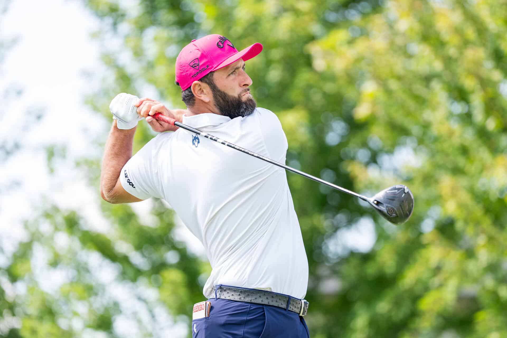 Captain Jon Rahm of Legion XIII hits his shot from the eighth tee during the first round of LIV Golf Indianapolis at The Club at Chatham Hills on Thursday, August 20, 2026 in Westfield, Indiana. (Photo by Pedro Salado/LIV Golf)