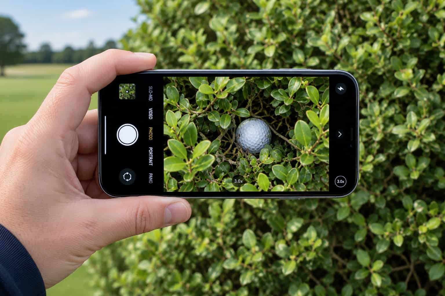 An AI generated image of a camera being used to locate a golf ball in a bush | Source: ChatGPT
